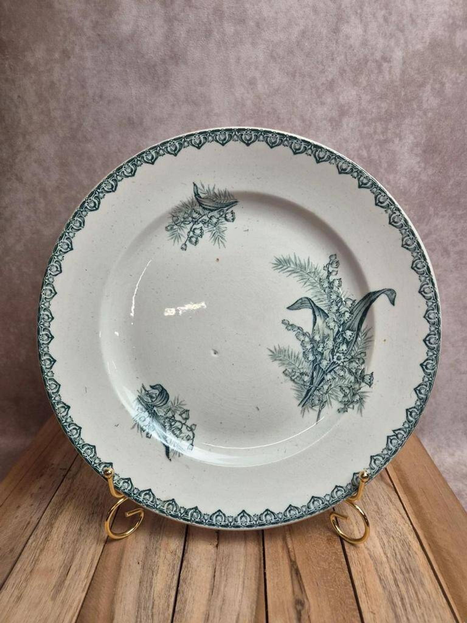 Large round antique ironstone plate, Saint-Amandinoise – Model Lily of the Valley