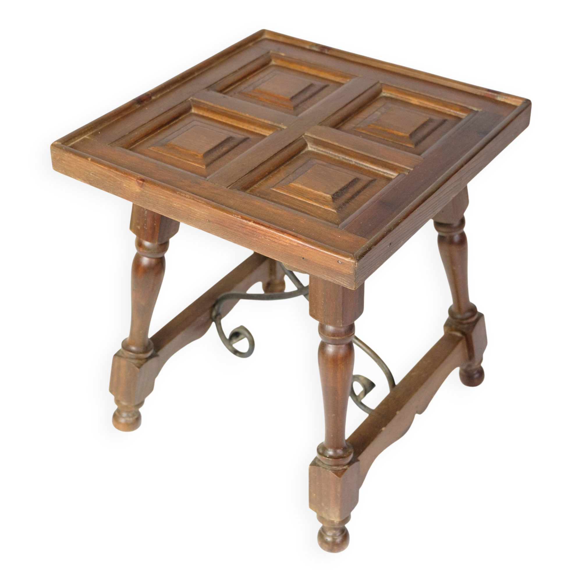 Side Table Made In Dark Wood With Turned Legs & Metal Struts From 1930s