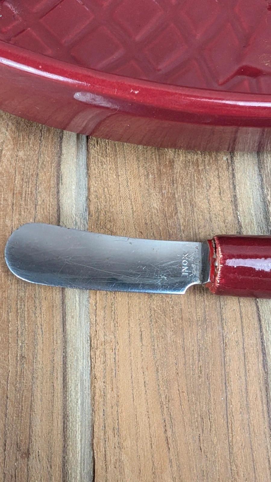 Vintage red ceramic butter dish + matching knife