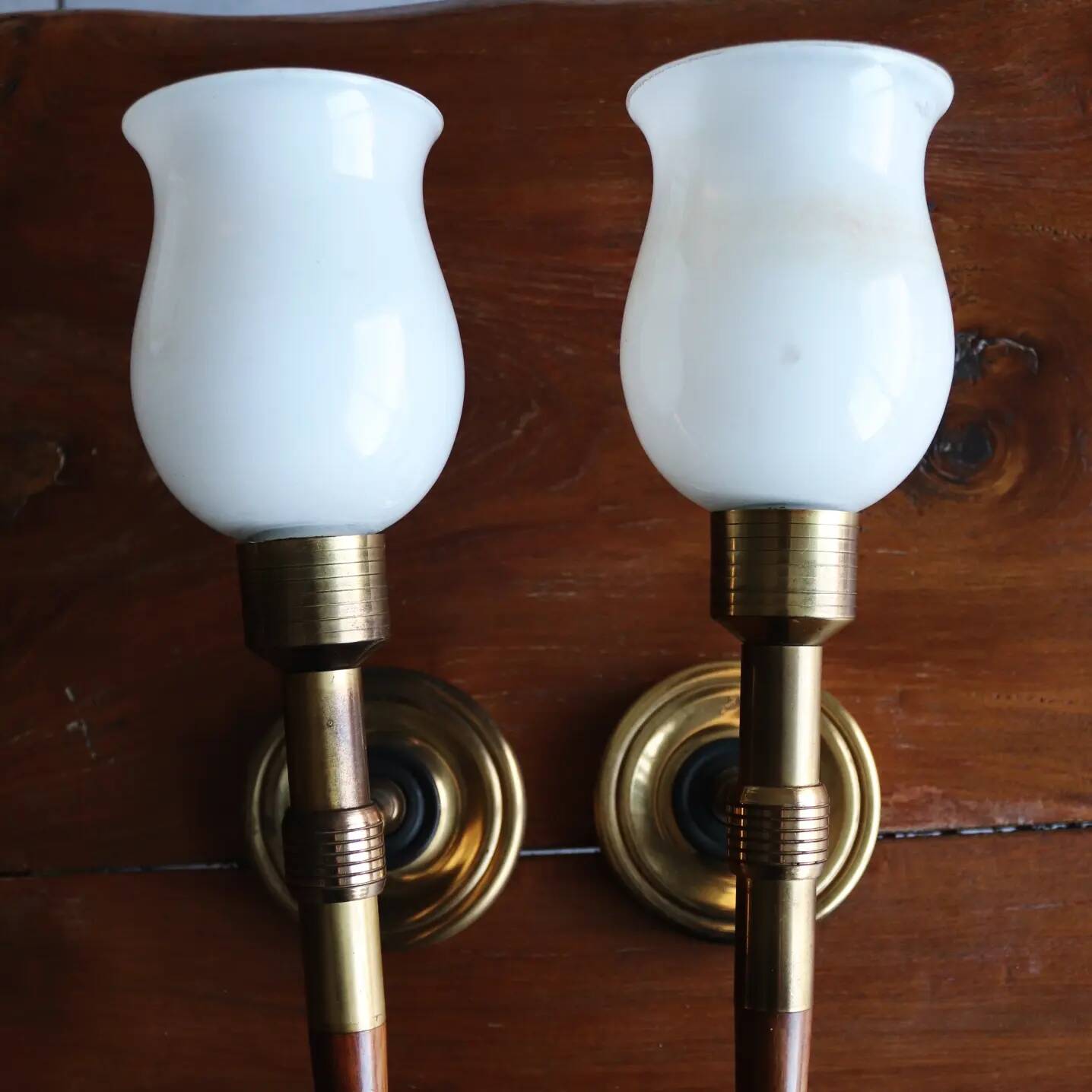 Pair of vintage Lunel house wood and brass wall lights