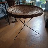 vintage wicker gueridon with a black metal tripod base from the 1960s