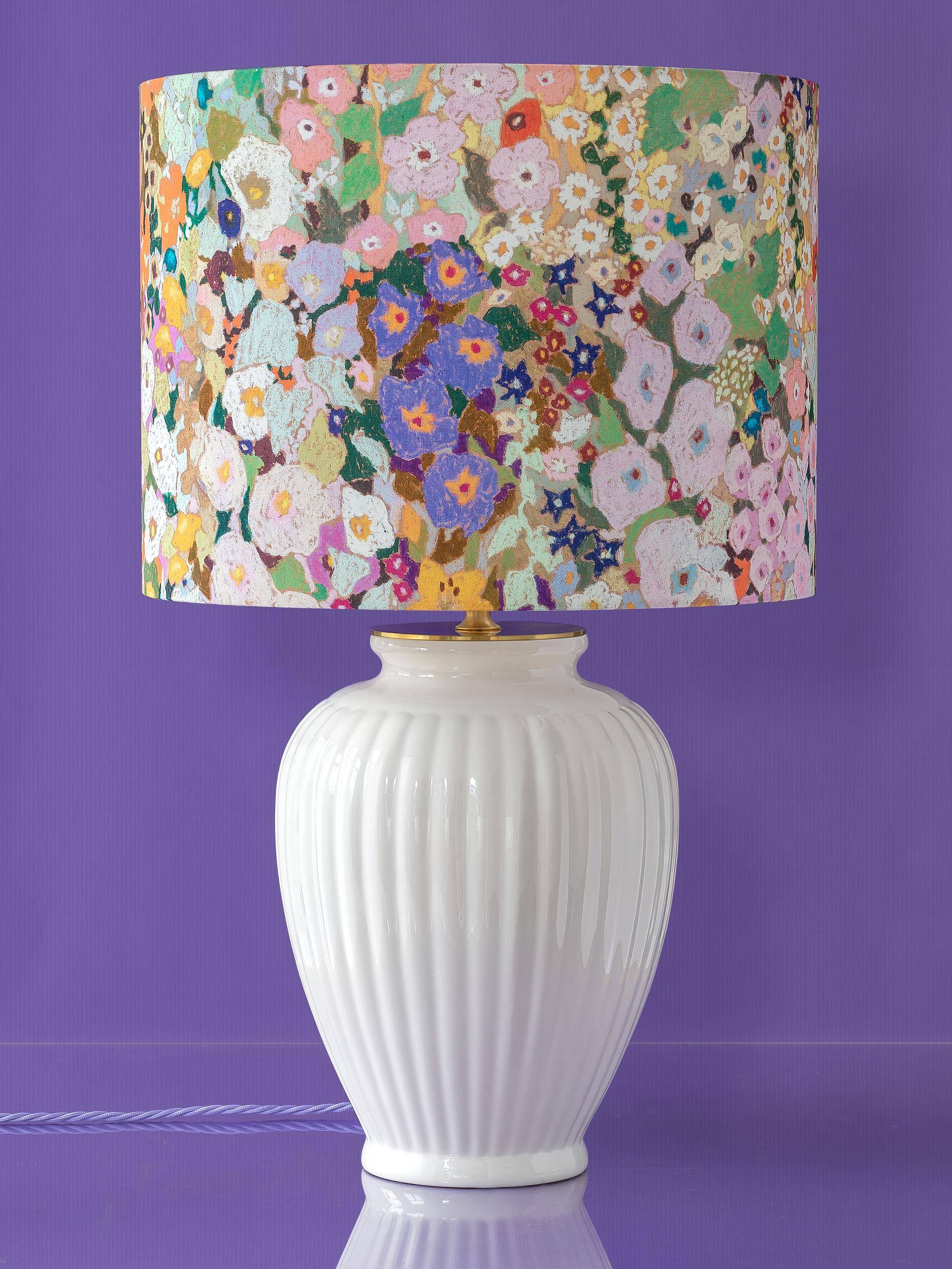 Large floral maximalist table lamp with a Delft ceramic base and new lampshade.