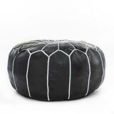 Black leather Pouf - handmade Morocco D 53cm x H 32cm