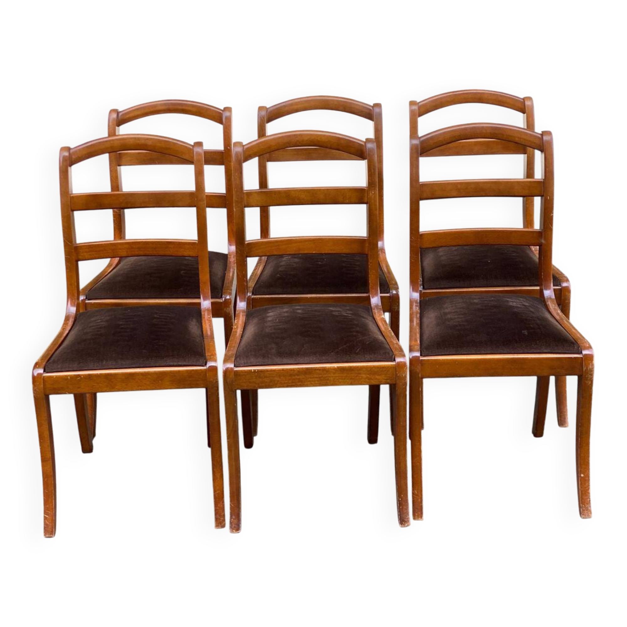 6 Louis Philippe dining chairs in solid wood and brown velvet.