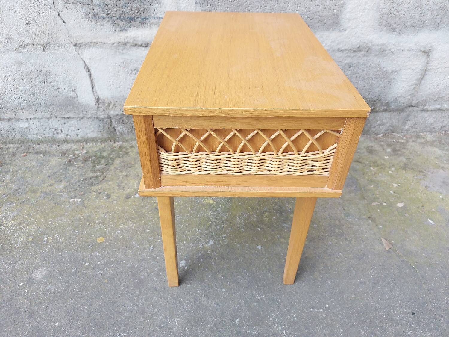 Vintage wood and rattan bedside table