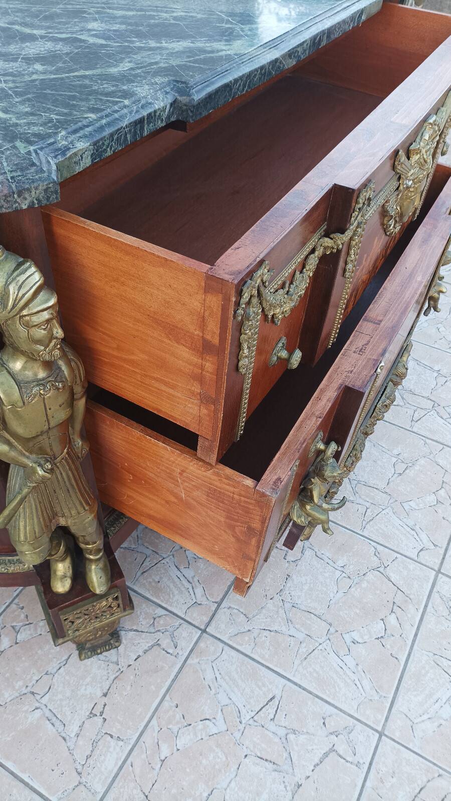 Louis XVI style commode in beech, bronze and marble.