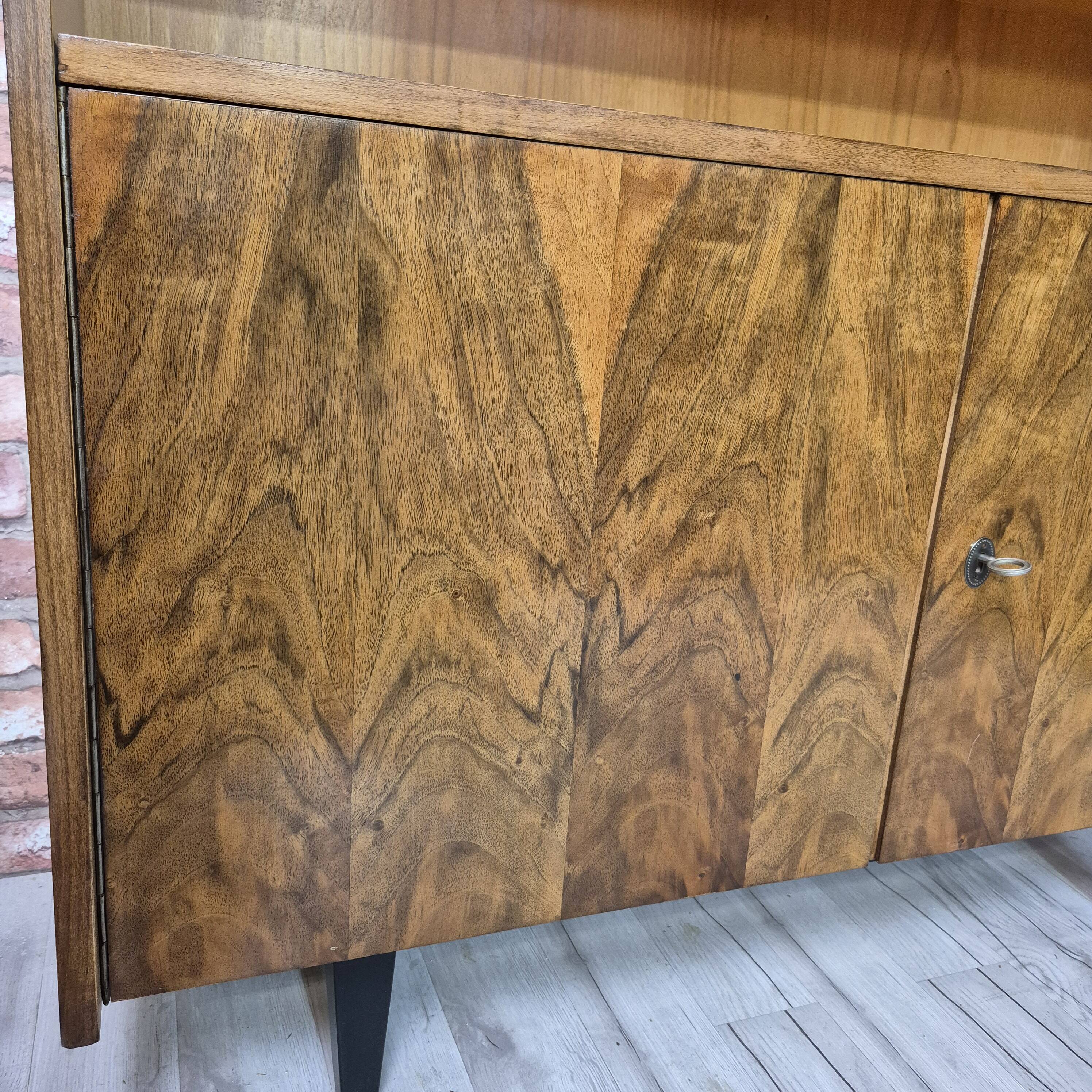 Restored Mid-Century Tapered Highboard Bar Cabinet  in Walnut & Mahogany