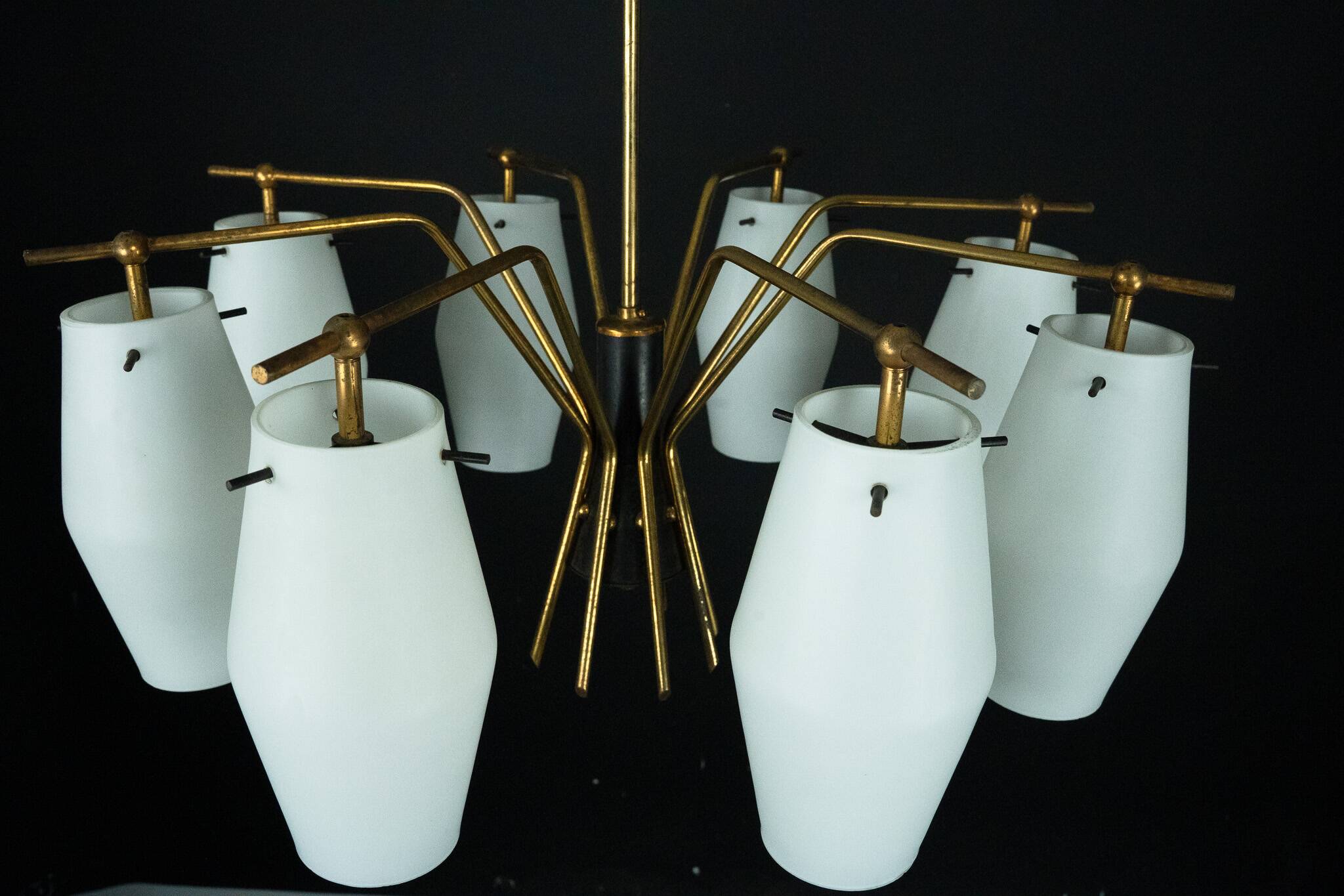 Mid-century chandelier with eight opaline glass shades