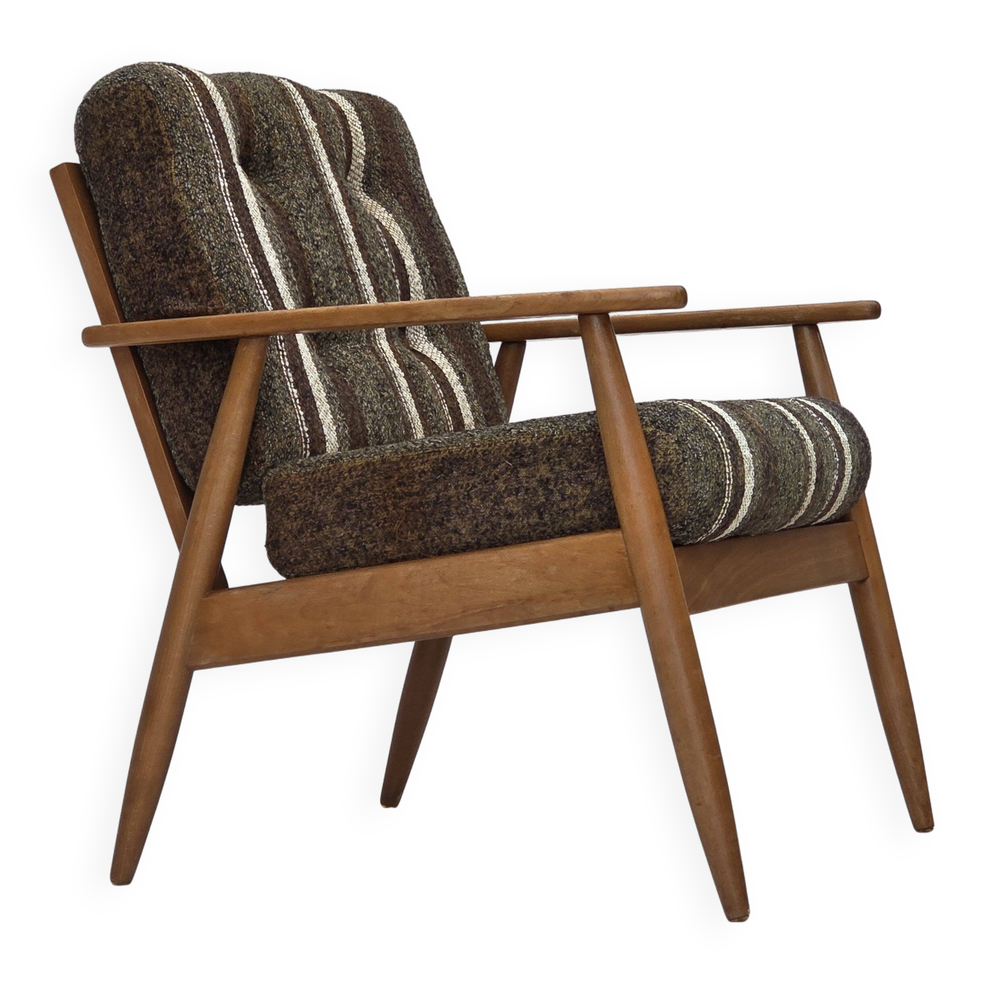 1970s, Danish armchair, beech wood, furniture wool fabric.