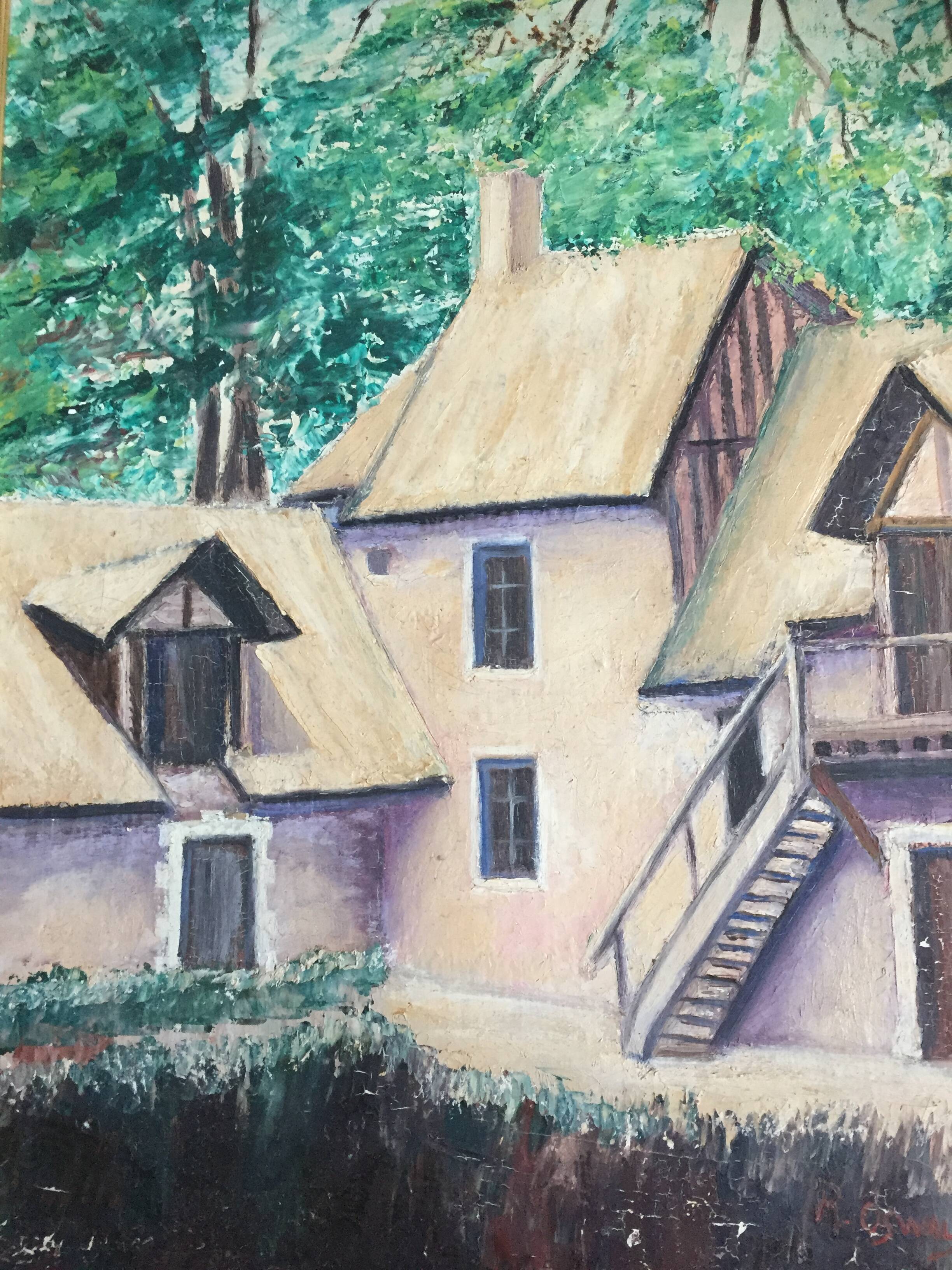 Oil on canvas painting Normande R.Oswald 1960 gilded wooden frame