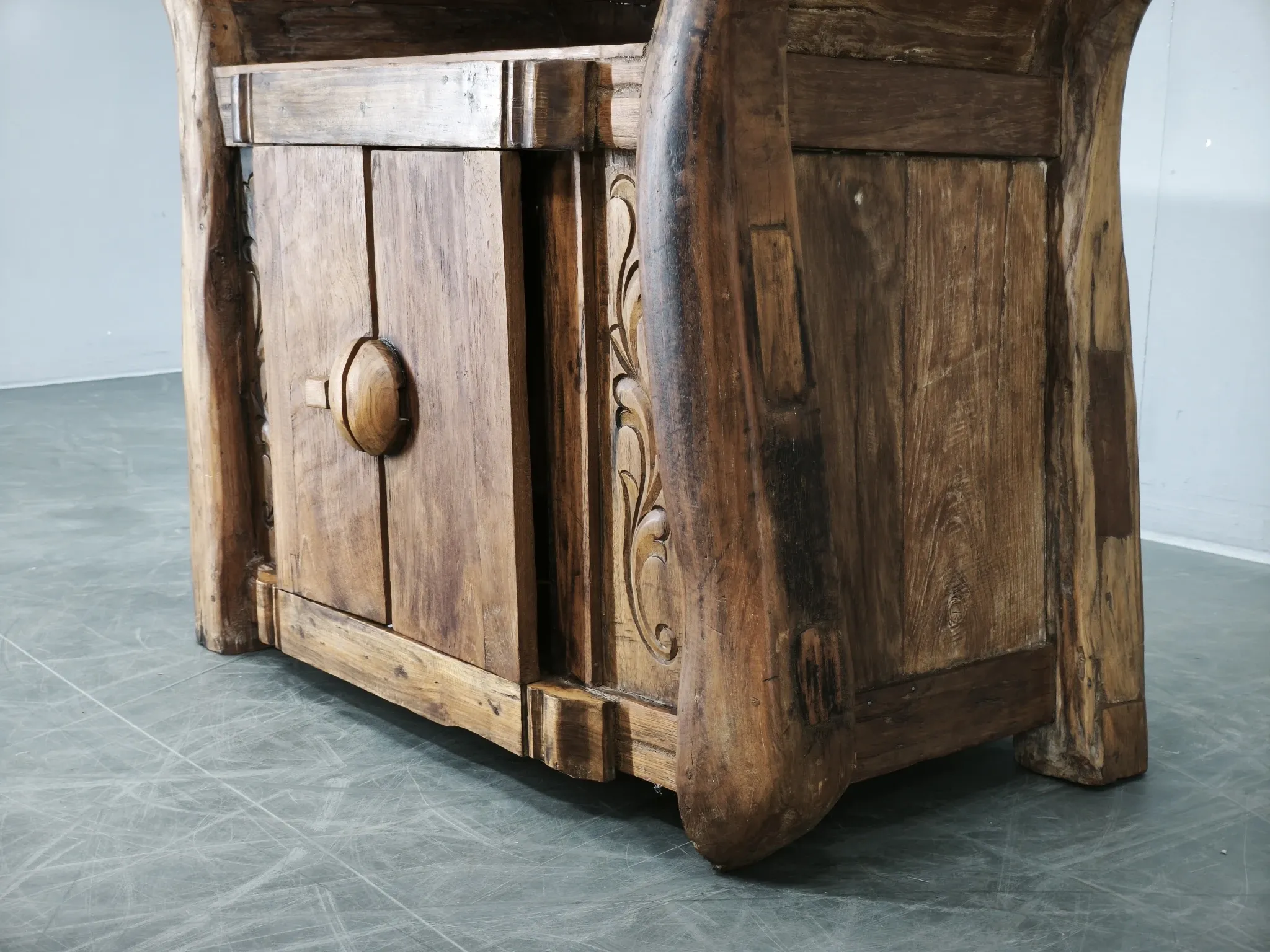 1970s Asian Rustic Solid Wood Console Table, Hand-Carved Primitive Sideboar