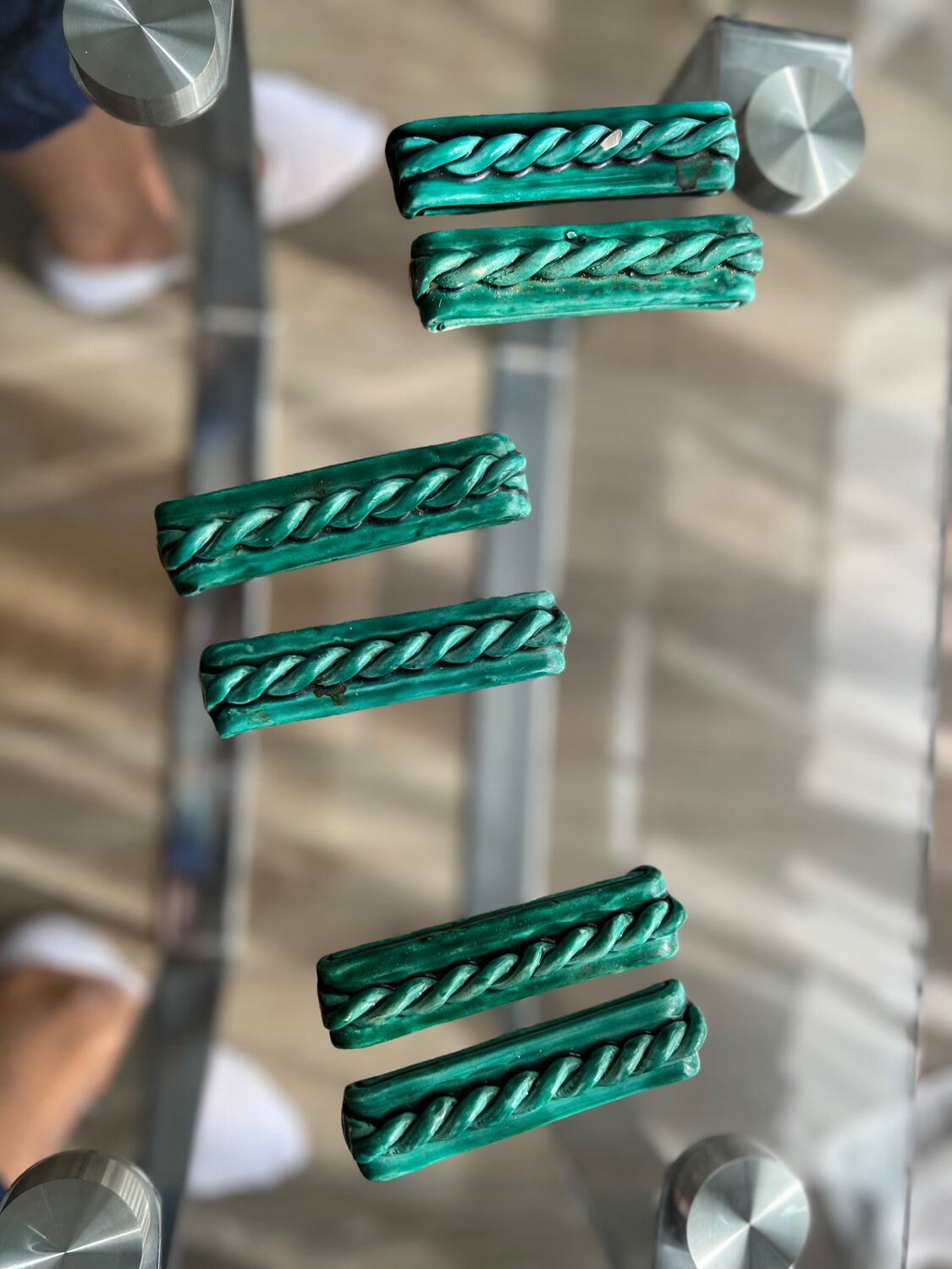 6 vintage green ceramic cupboard holders