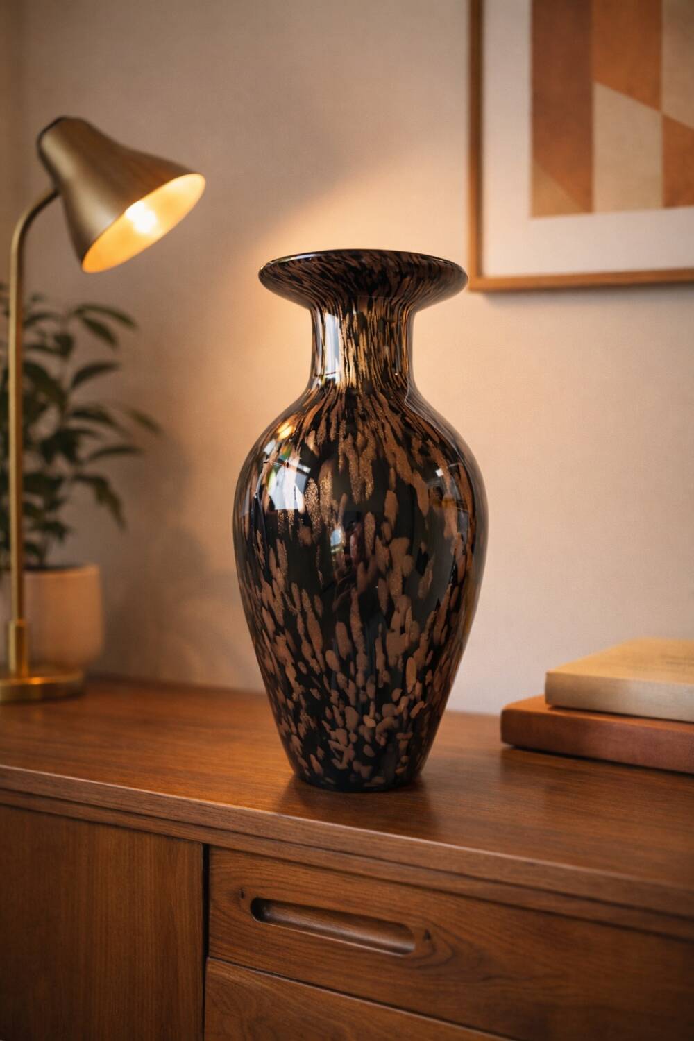 Italian vase in blown black glass & copper aventurine – 1960s