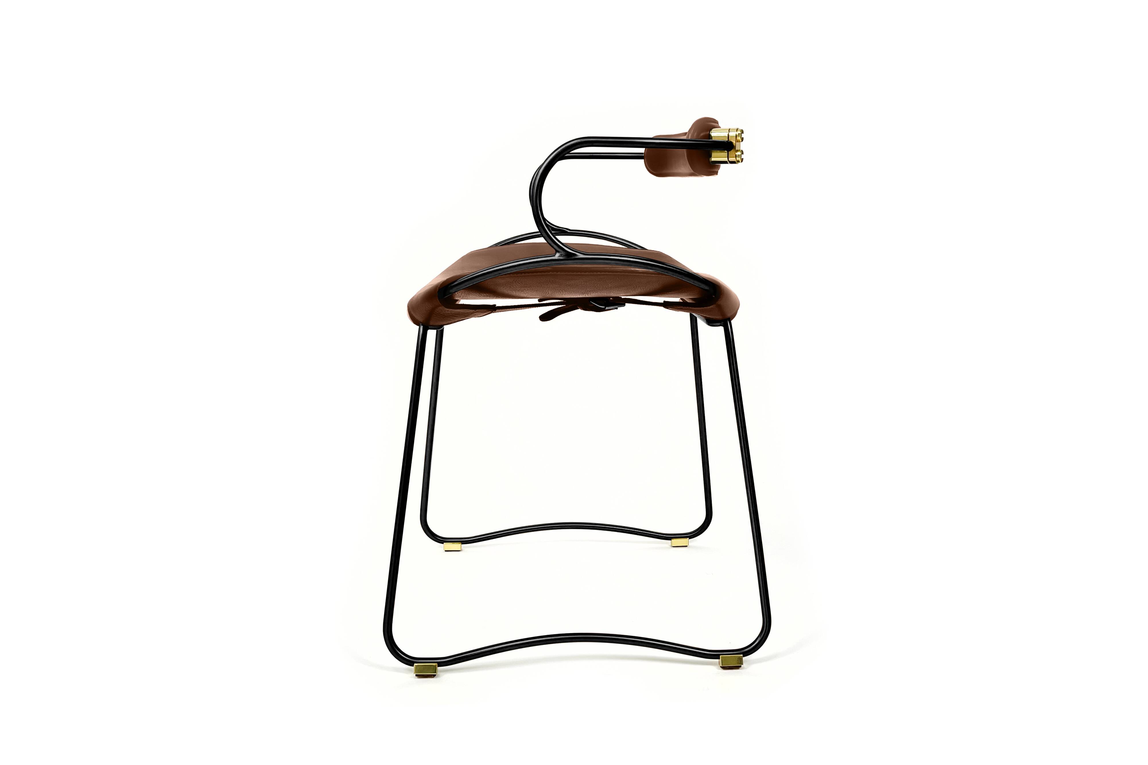 Kitchen bar stool with a smoked black metal back and dark brown leather.