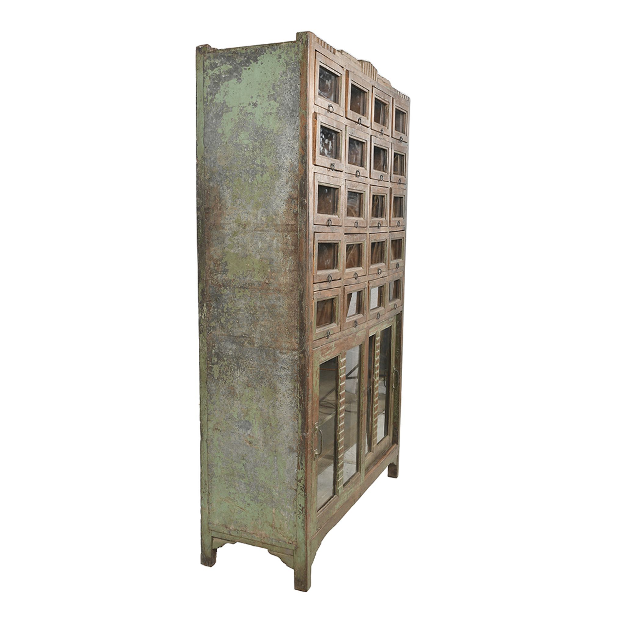 Wooden presentation cabinet with 20 glazed cupboards