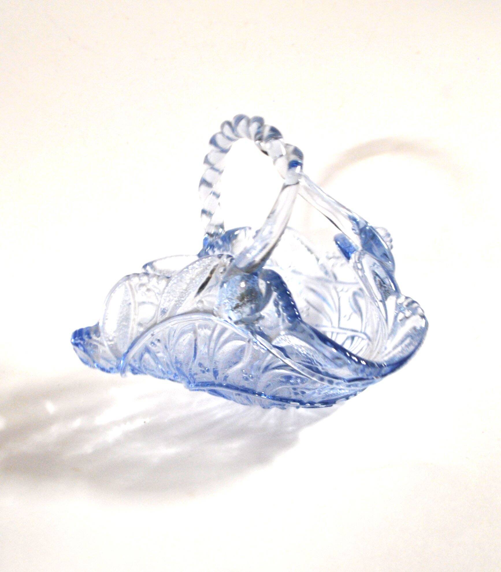 Vintage 1920s blue pressed-moulded glass bowl dish defect