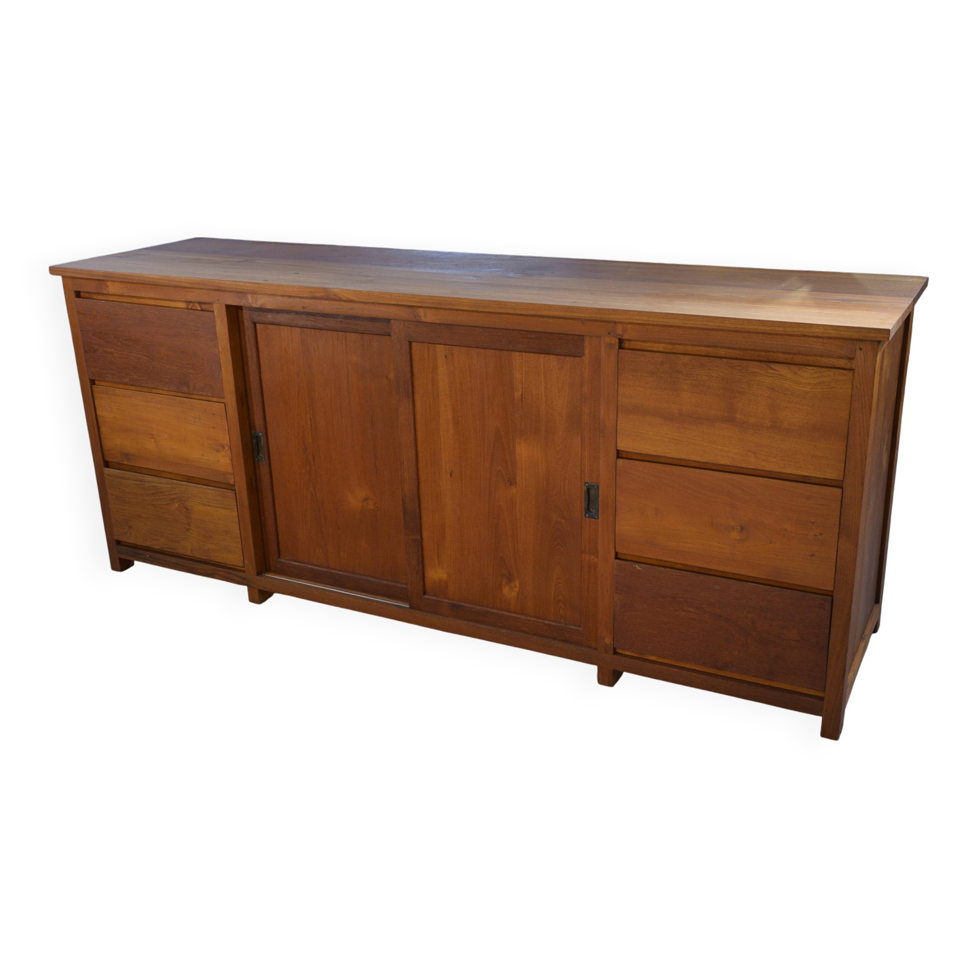 Large teak sideboard with 6 drawers and 2 sliding doors