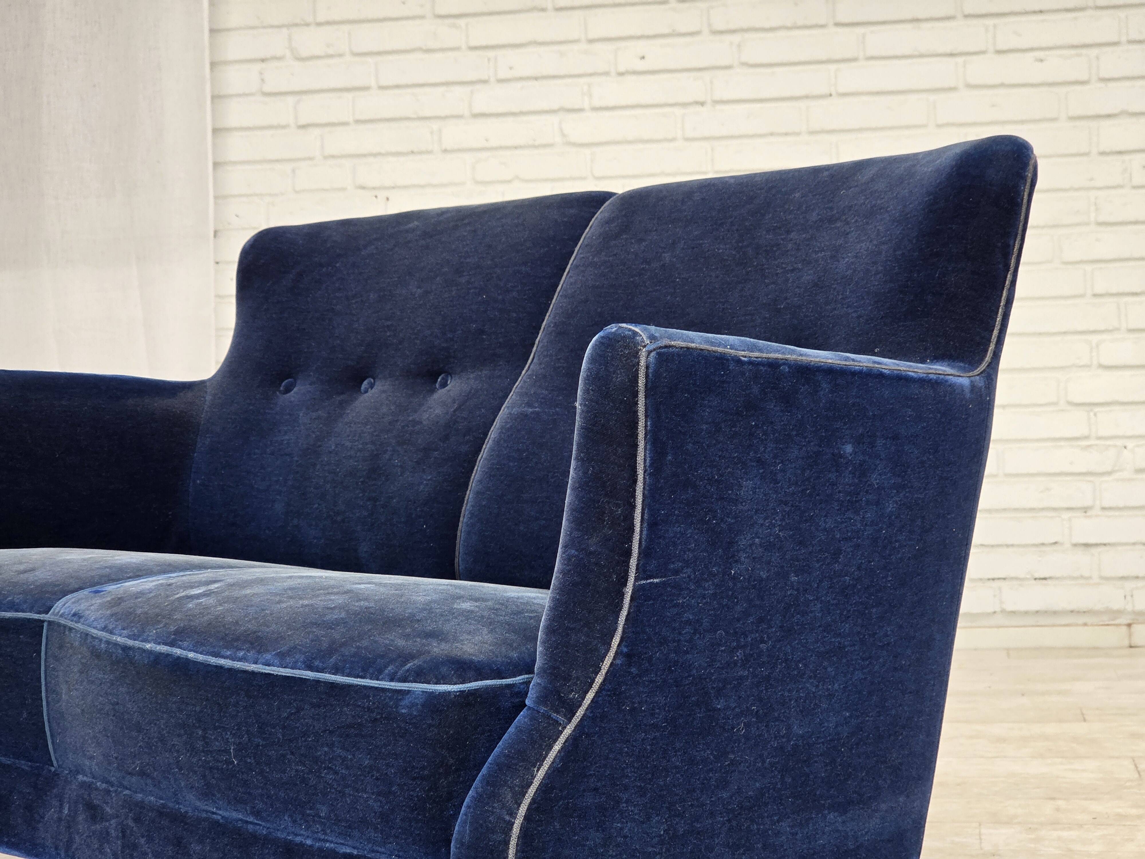 1960s, Danish 2-seater sofa. dark blue furniture velour.
