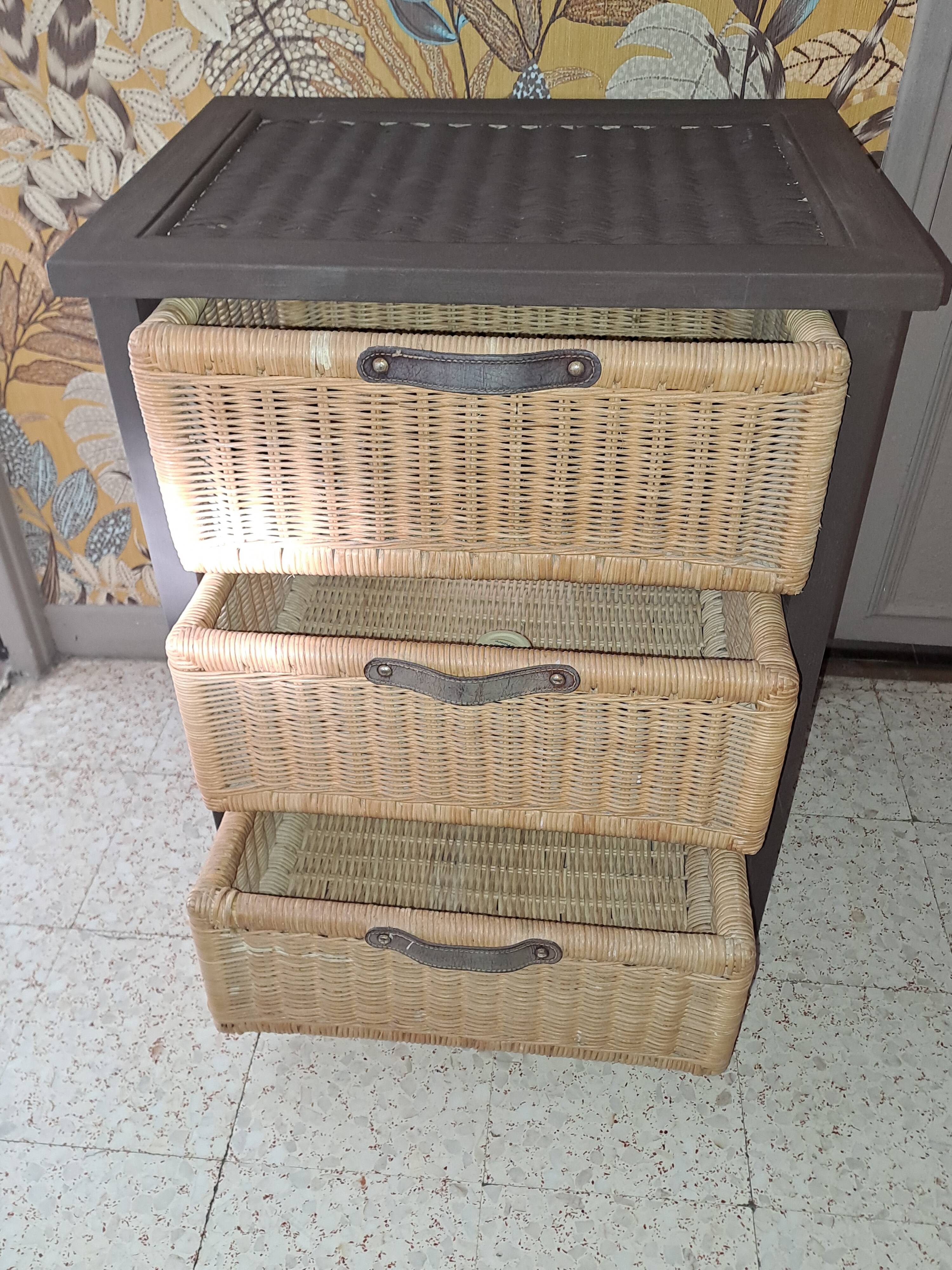 Wooden and wicker storage unit France 1980 / in dark brown repainted wood and 3 wicker drawers