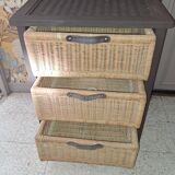 Wooden and wicker storage unit France 1980 / in dark brown repainted wood and 3 wicker drawers