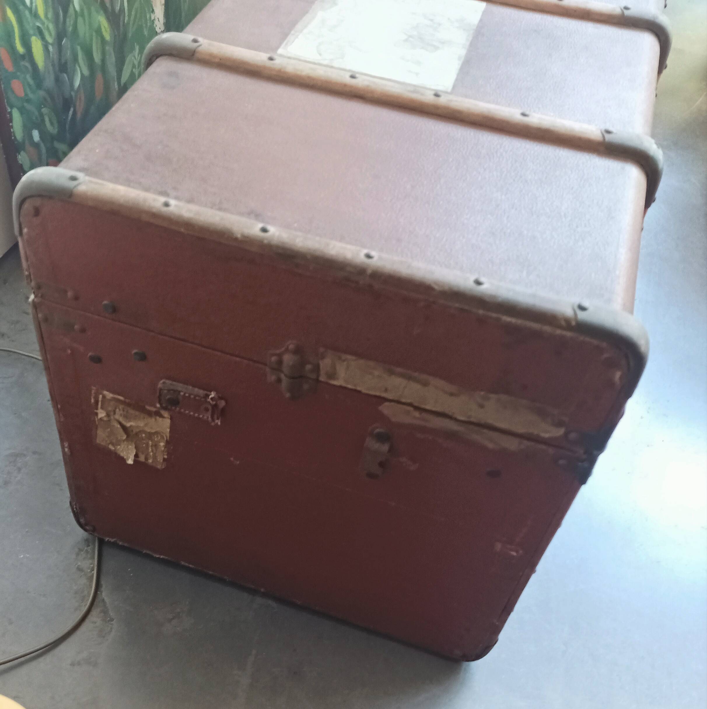 Large antique wooden travel trunk