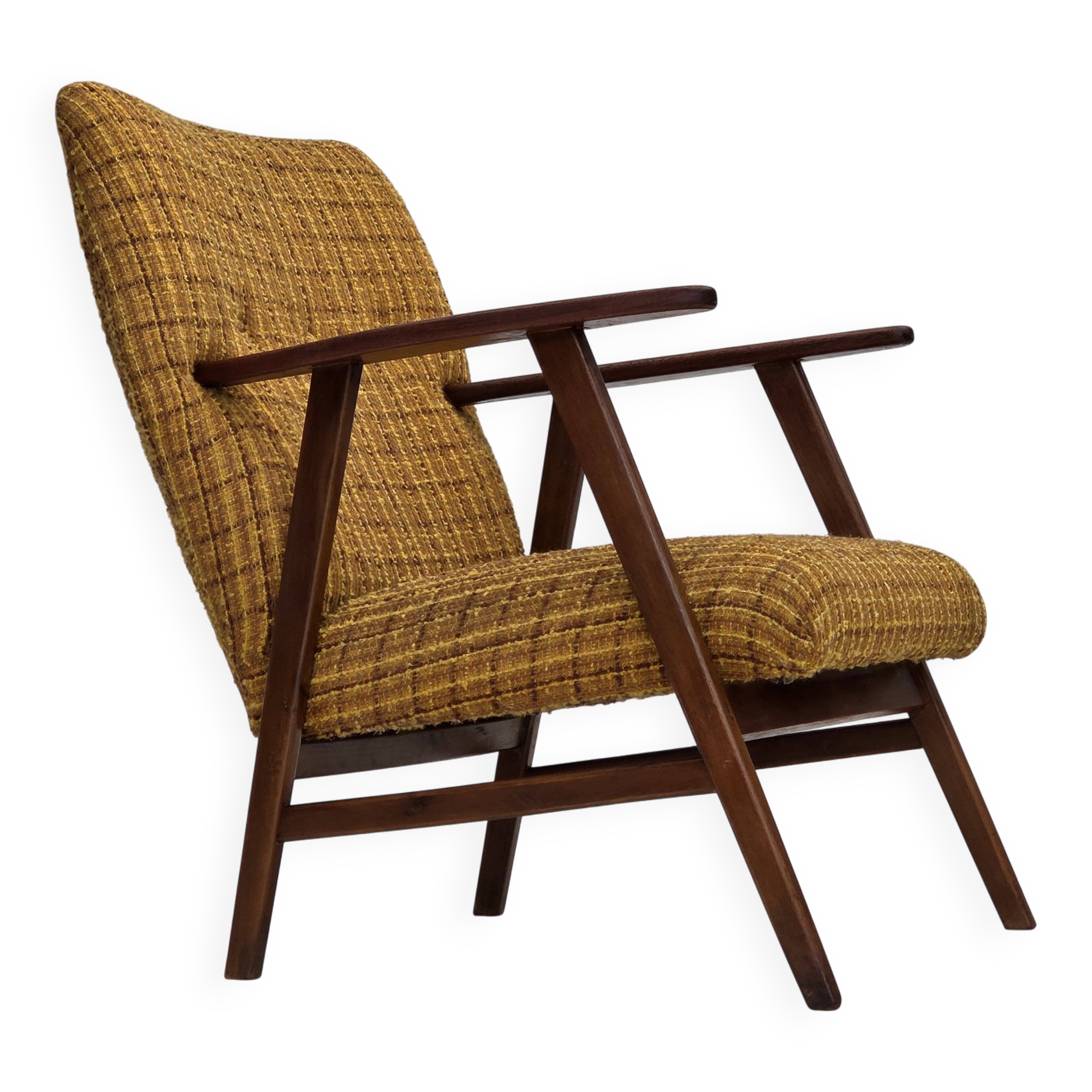 1960s, Danish armchair, furniture wool fabric, teak wood, oak wood.