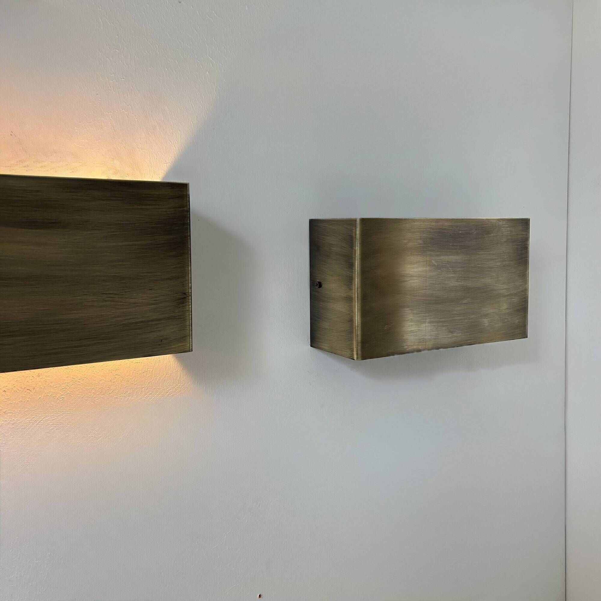 Pair of vintage wall lights, patinated brushed brass, France, 1970