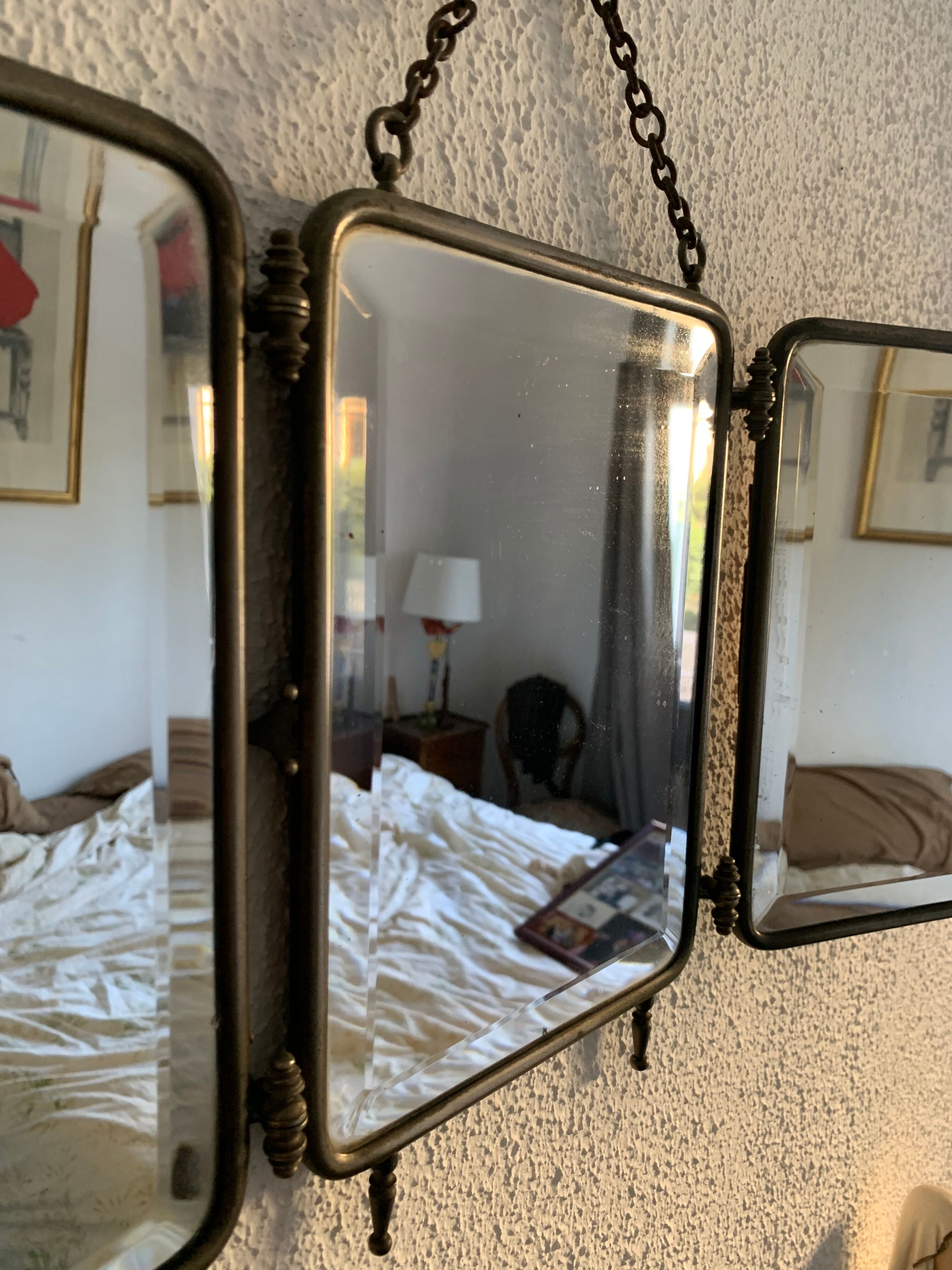 Vintage mirror 1930 triptych beveled barber crystal - 28 x 58 cm