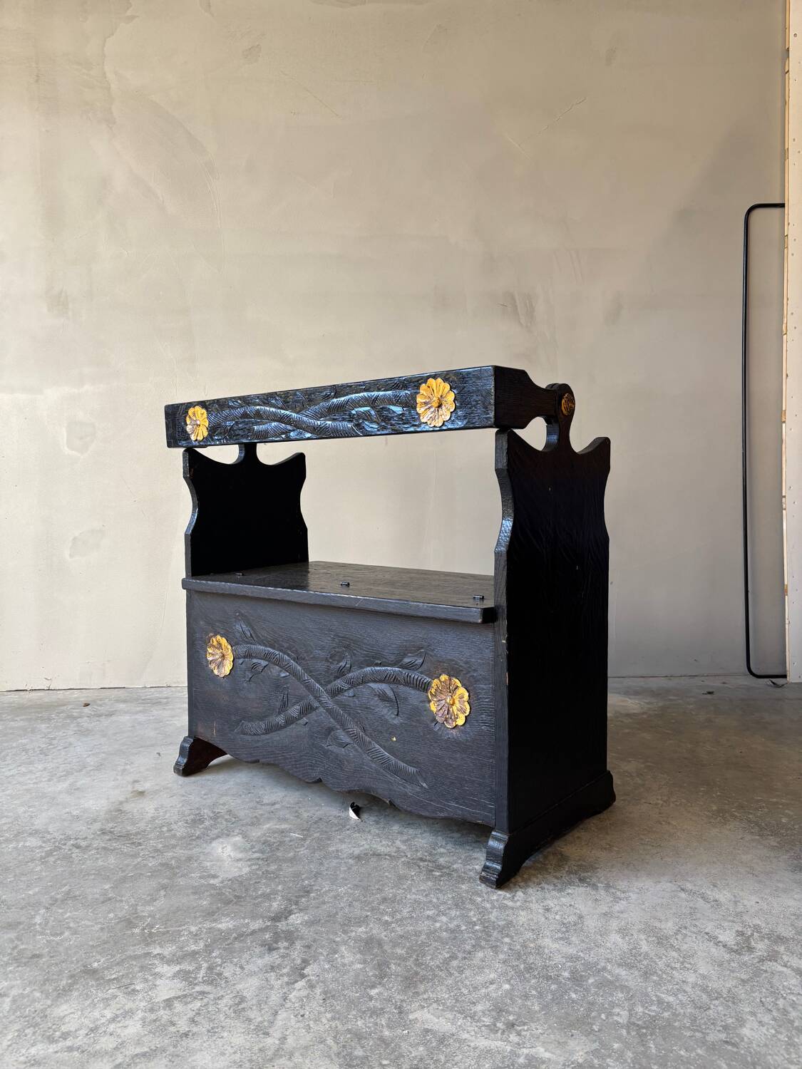 Vintage carved black storage bench – Folk art, early 20th century