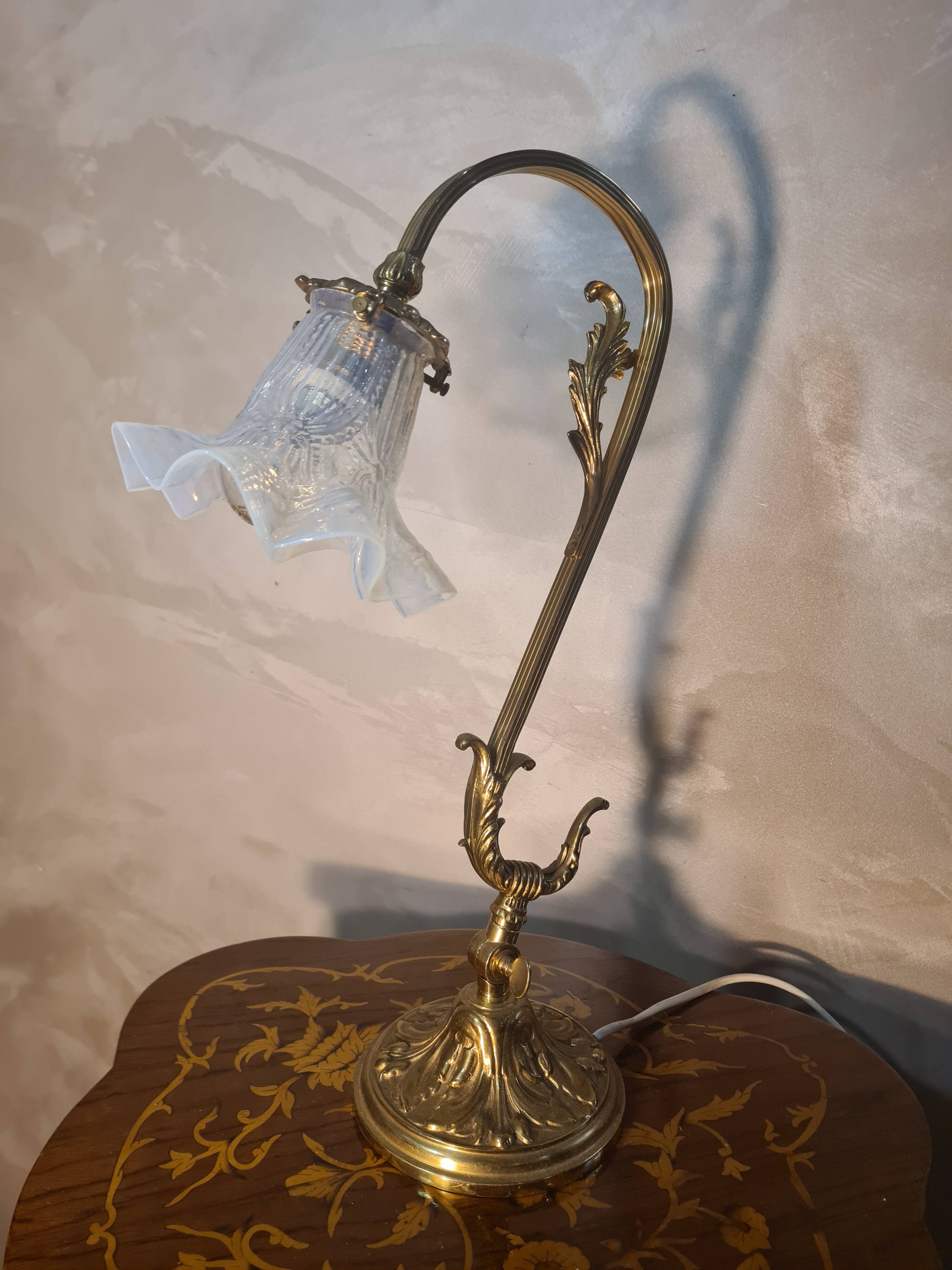 bronze and brass lamp with a magnificent blue moulded tulip, opalescent,