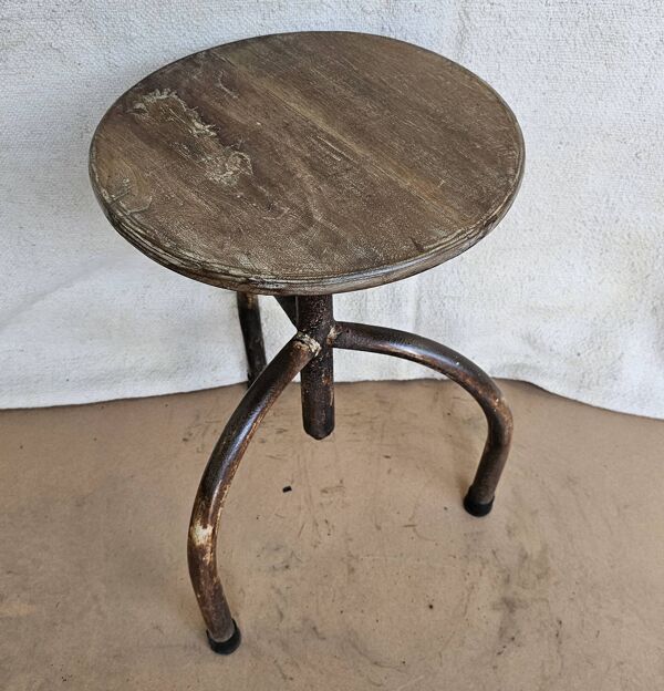 Ancien tabouret d'atelier en teck + fer forgé