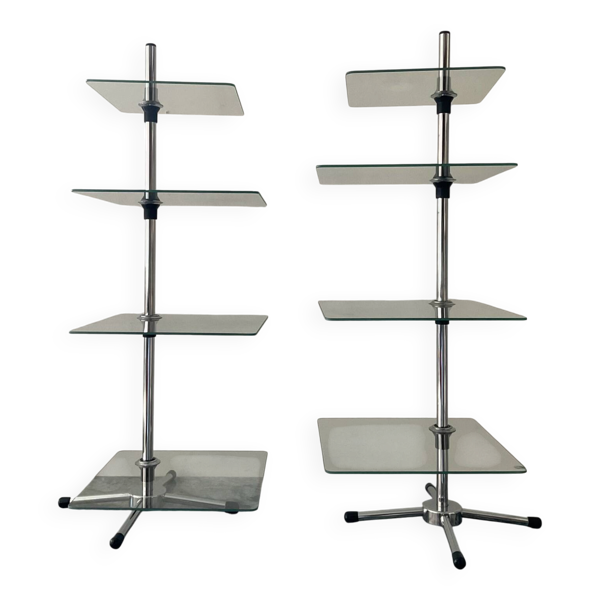 Duo de tables d’appoint vintage en verre et métal chromé
