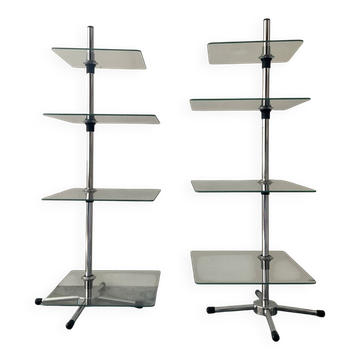 Duo de tables d’appoint vintage en verre et métal chromé