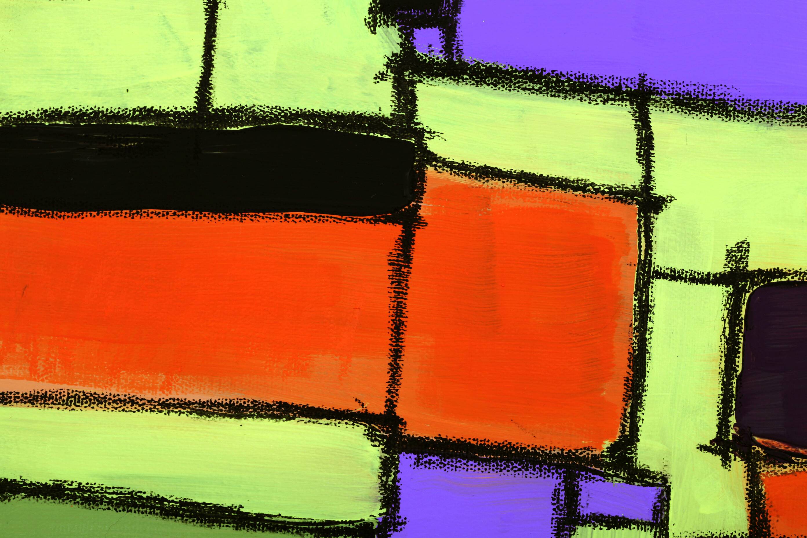 Modern abstract green, yellow, purple and orange mixed media painting