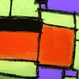 Modern abstract green, yellow, purple and orange mixed media painting