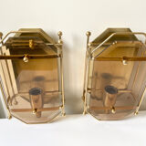 Pair of Scandinavian Vintage  wall light Sconce in Brass & Amber colored Glass