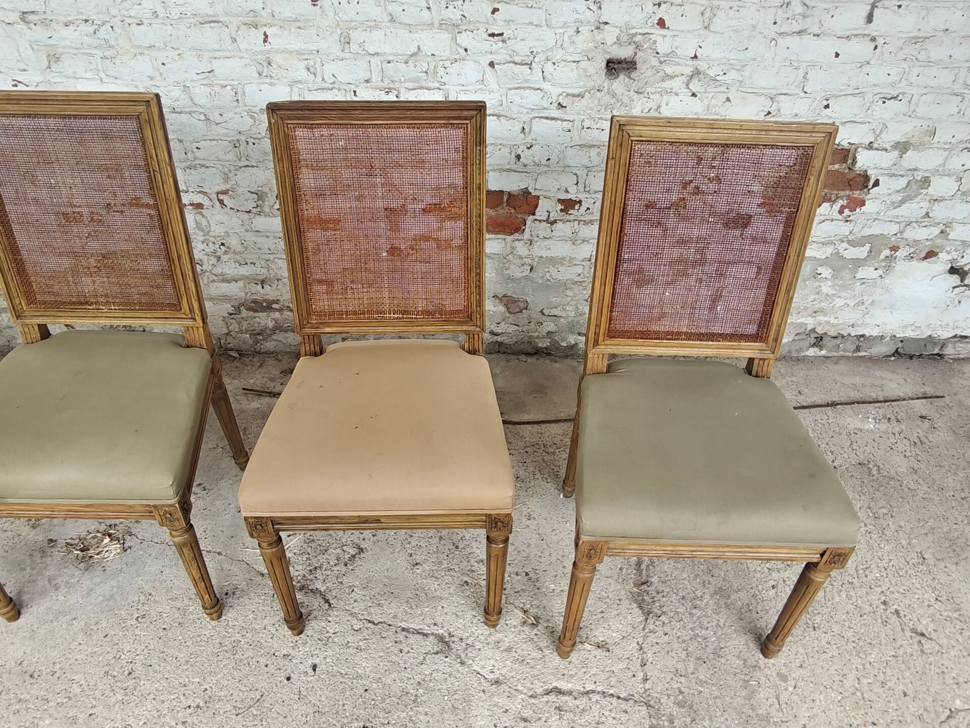 Set of 5 antique wooden and caned chairs.
