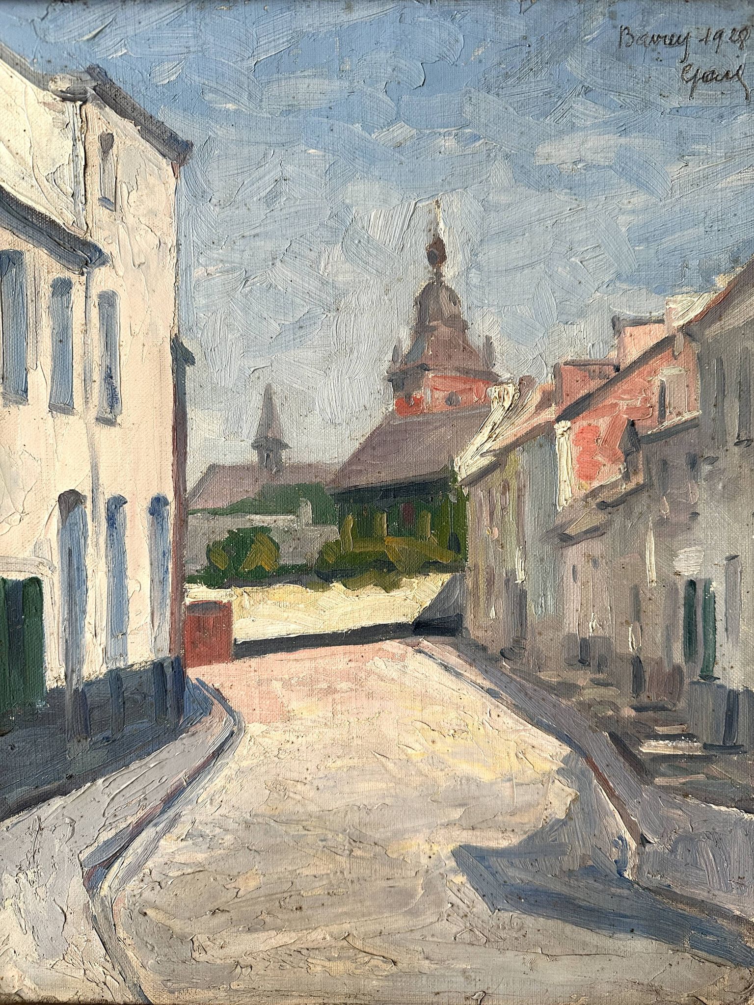 Oil on canvas of a French village "Bavay" 1928, landscape signed and framed.