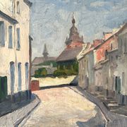 Oil on canvas of a French village "Bavay" 1928, landscape signed and framed.