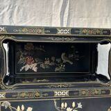Chinese sideboard with gold lacquer and mother-of-pearl inlay. Bird and landscape decor.