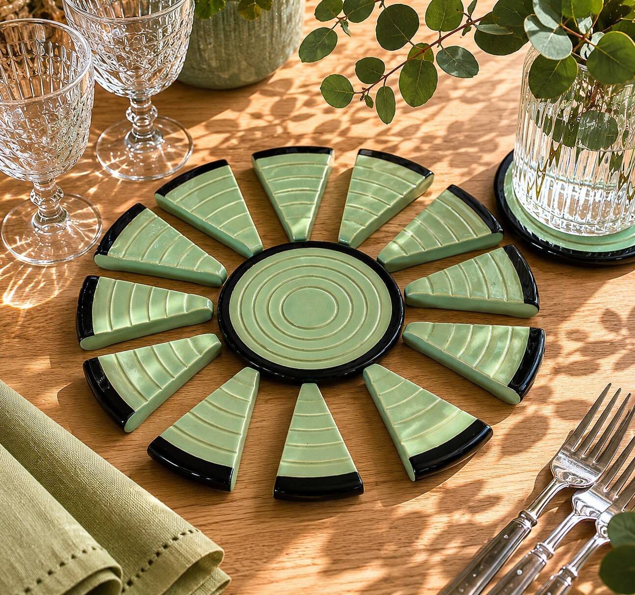 Art Deco celadon and black modular service cutlery rest