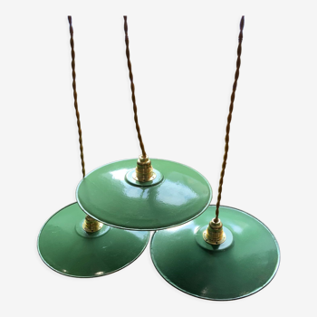 Trio of hanging lamps in green and white enamelled sheet metal