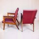 Vintage design armchair set – red skai and teak (1960s)