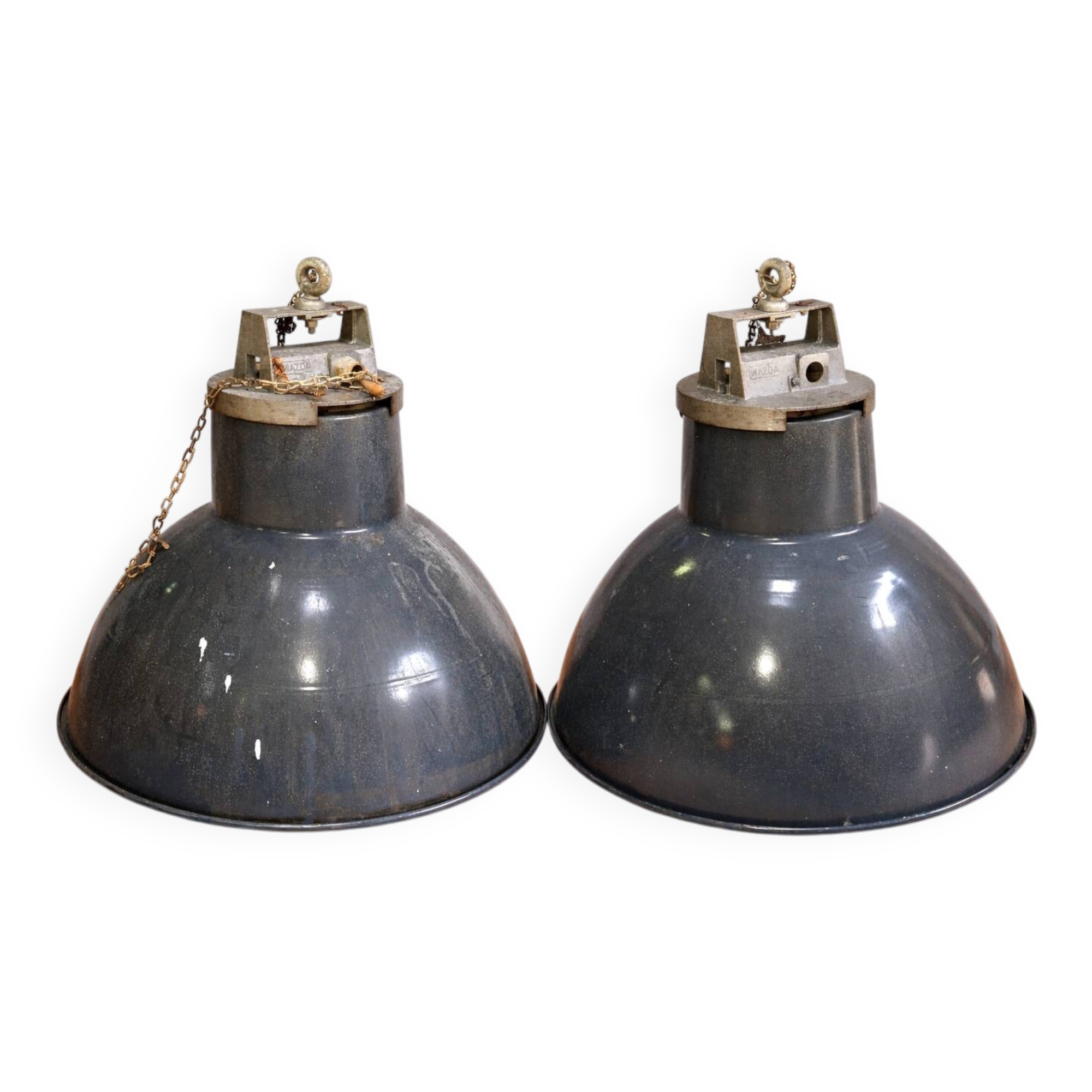 Pair of industrial Mazda pendant lights in enamelled sheet metal – Ø 52 cm