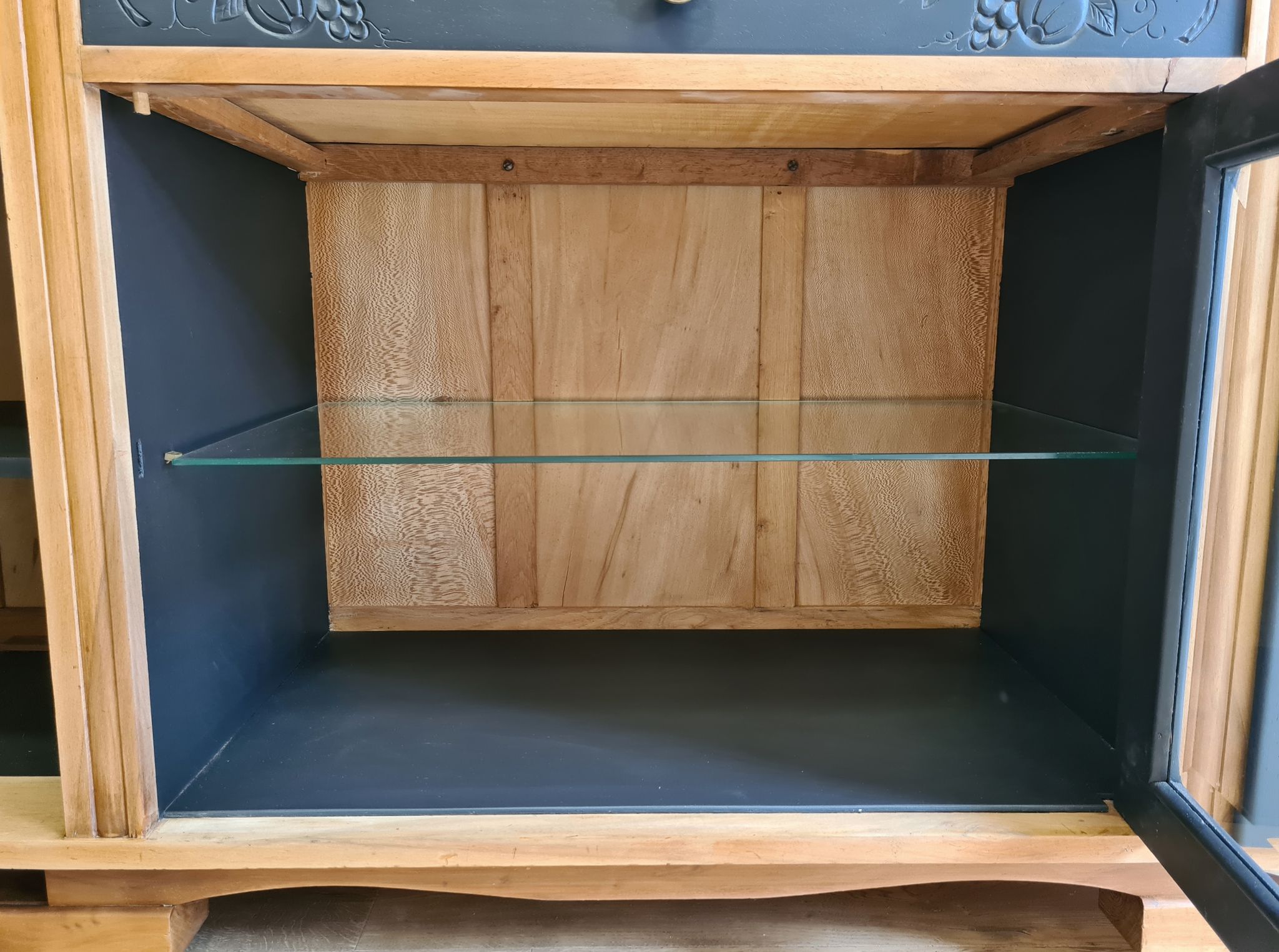 Renovated art deco walnut sideboard with beveled glass door and marble tops