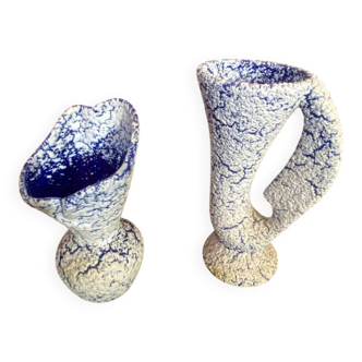 Pair of Snowstone Vases Ceramic White Blue France Vintage #D55