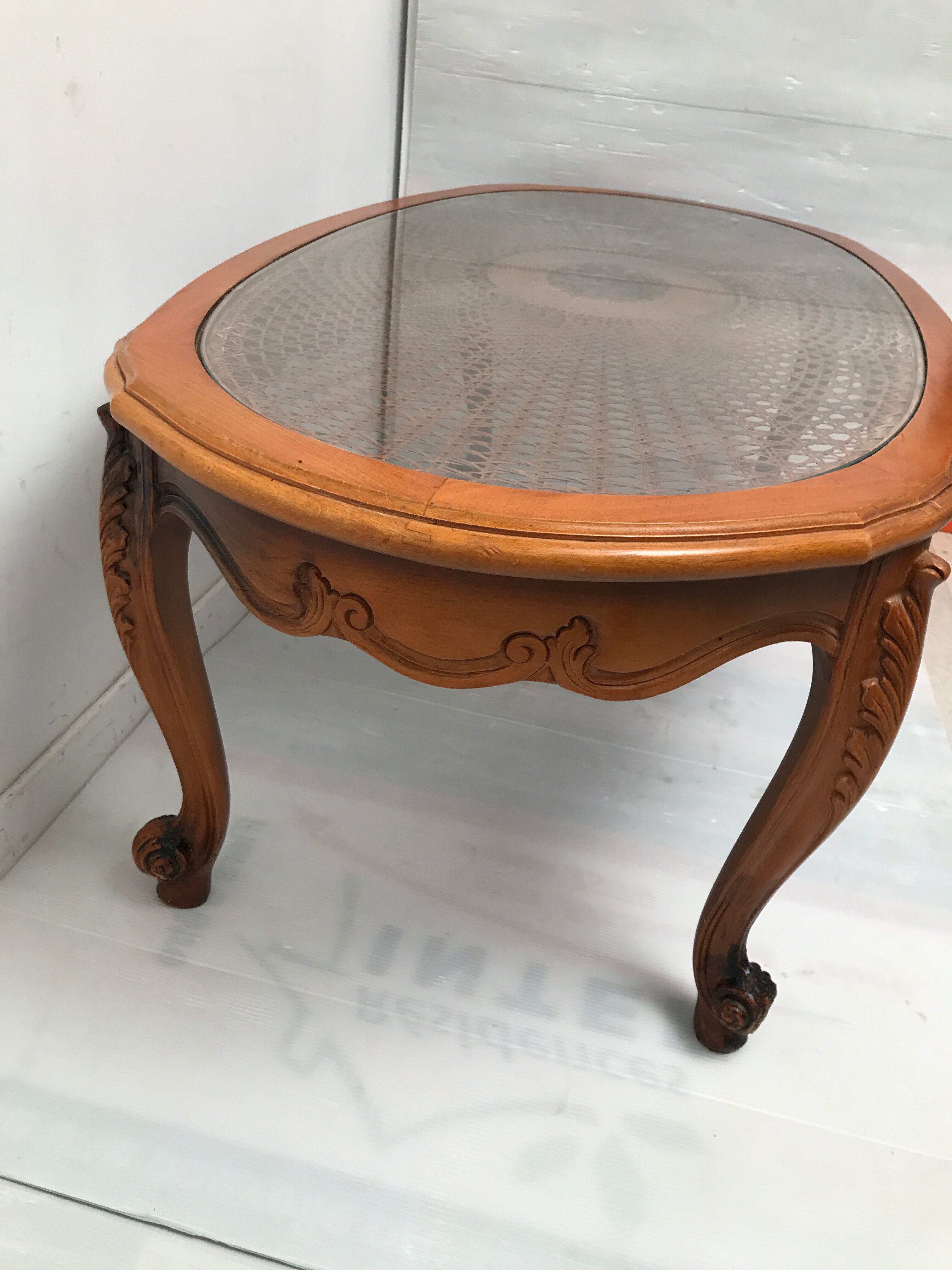 Cherry coffee table with cane top and vintage glass
