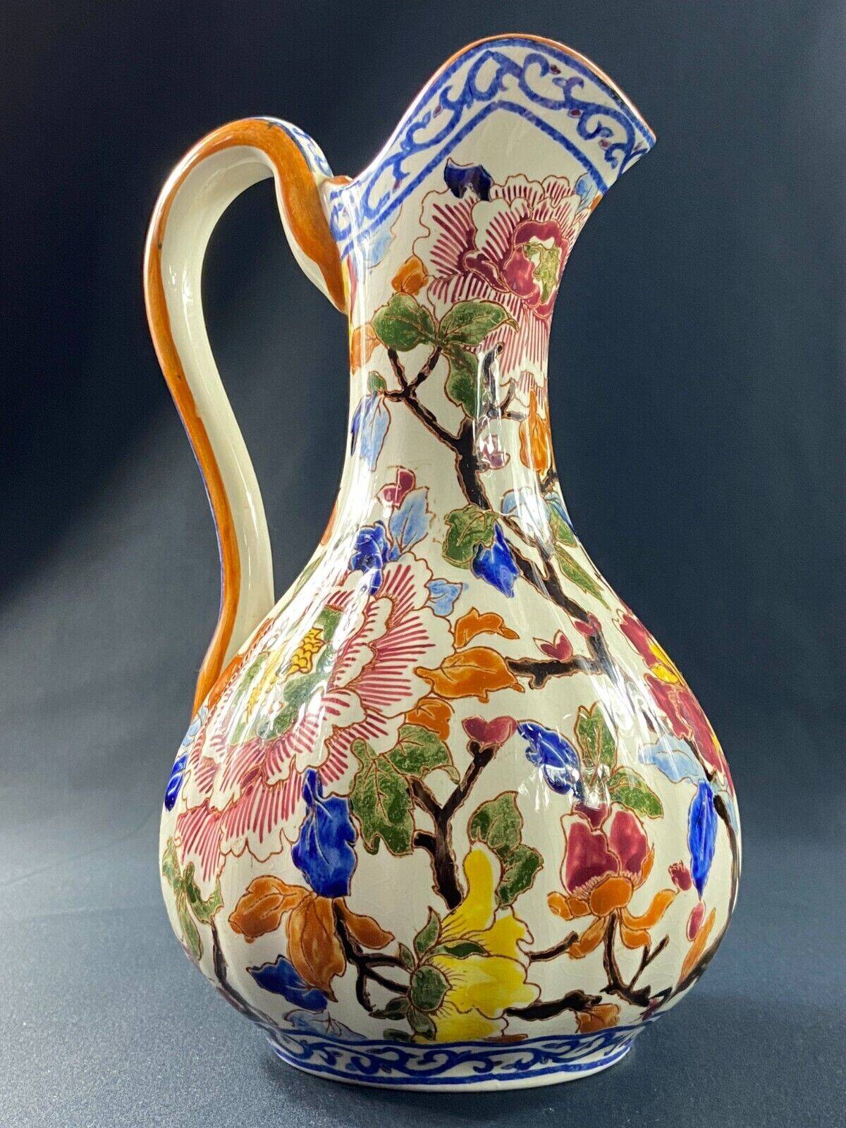 Large Gien earthenware ewer pitcher with Peonies decor