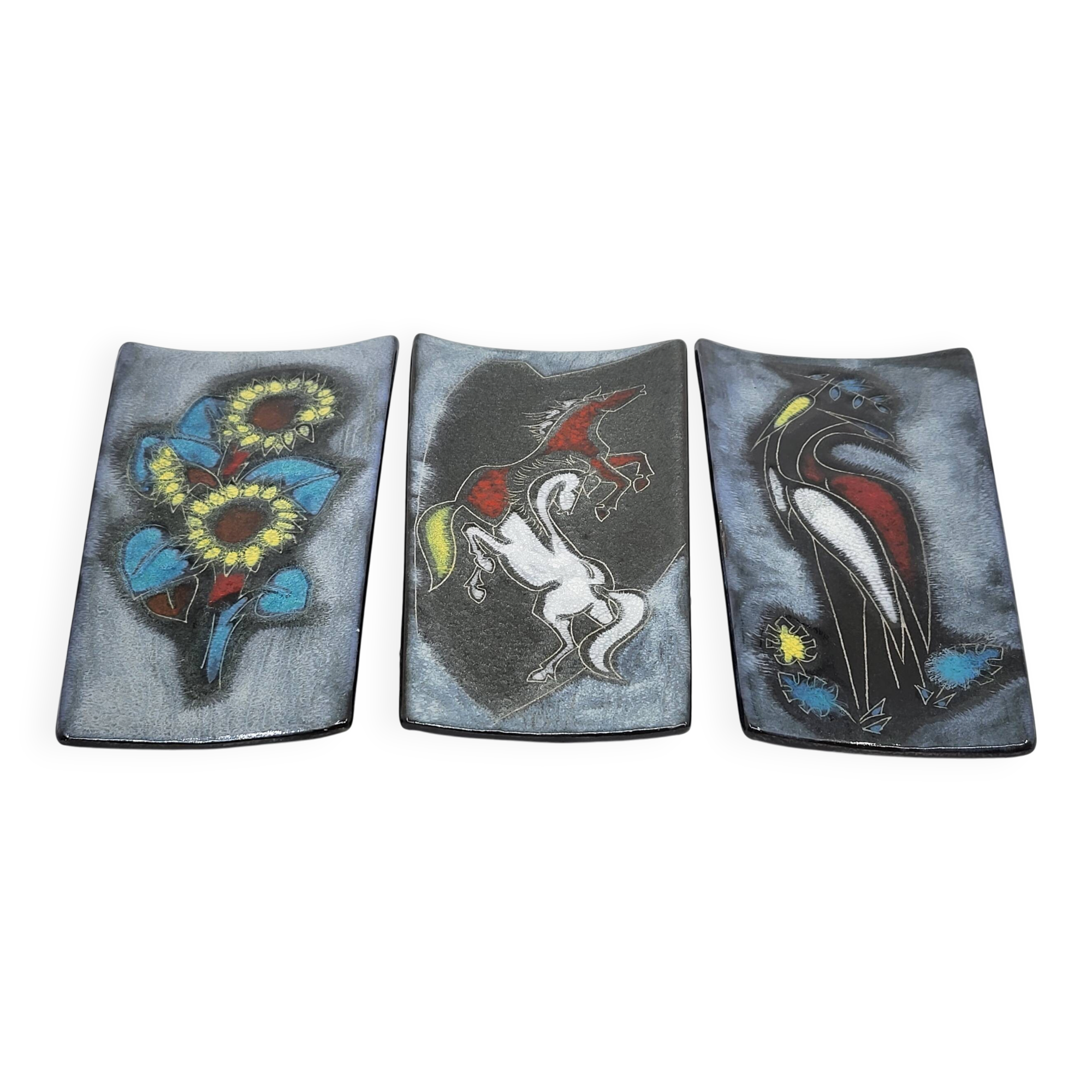 Enamel Triptych Flora & Fauna Vintage 1950