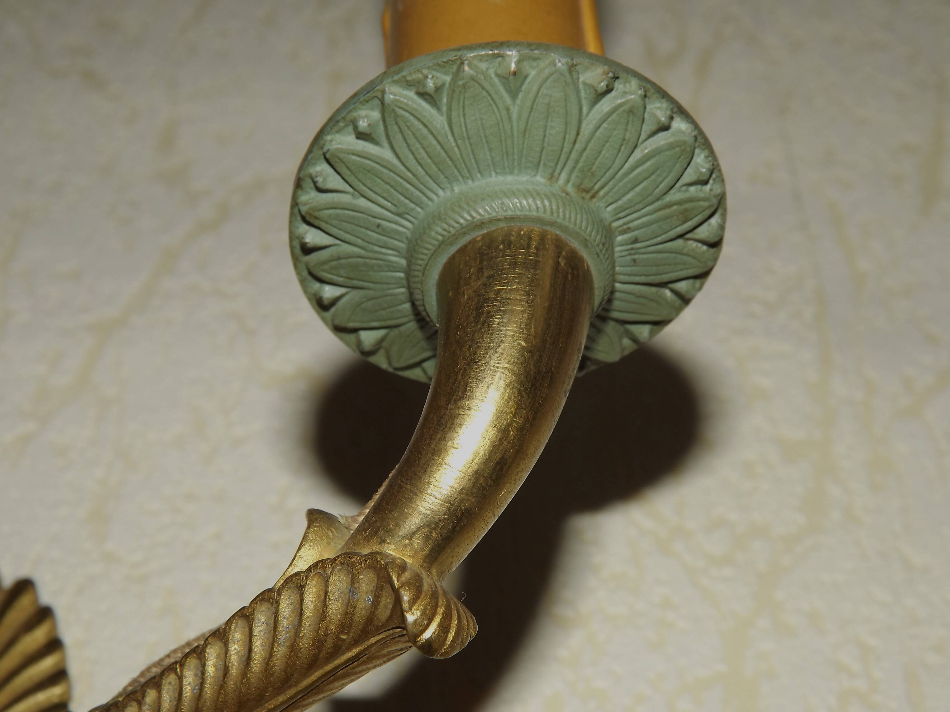 French Antique Bronze Empire Double Wall Sconce with Fan & Swan Detail 5239